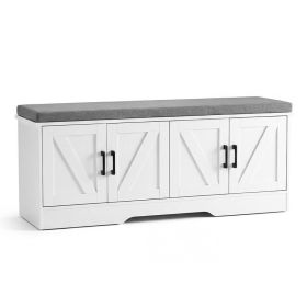 47 Inch Shoe Storage Bench, Shoe Organizer Cabinet with Padded Seat Cushion, 4 Doors, Adjustable Shelf for Entryway, White