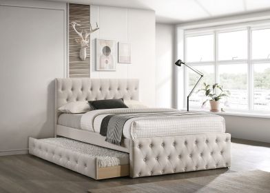 Contemporary Full Size Bed w/ Trundle Slats Light Brown Burlap Upholstered Tufted Headboard Footboard Youth Bedroom Furniture wooden Slats 1pc Be