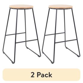 (2 pack) 28"H Backless Stool Black Metal Base with Natural Wood Seat