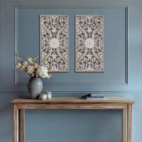 2 PCS Botanical Panel Distressed Carved Wood Wall Decor Set (Color: as Pic)