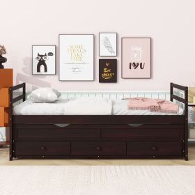 Twin Size Bed with Headboard,Footboard,Trundle and Three Storage Drawers,Twin Size Pine Wood Bed with Headboard,Footboard,Grey (Color: Espresso, Material: Pine)