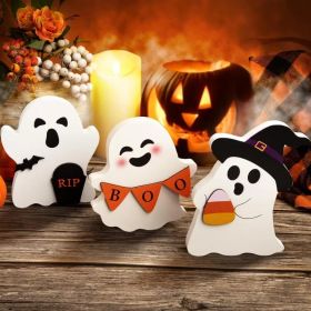 Cute Ghost Halloween Decorations Indoor, Wooden Tiered Tray Decor Table Sign Set Of 3, Black Cat Bat Witch Broom Signs Pumpkin Blocks For Party H (Option: defaulttitle)